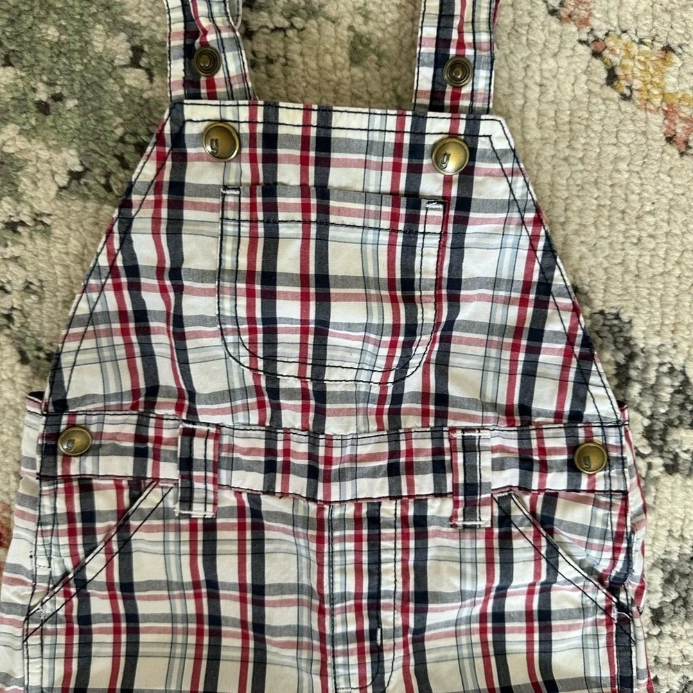 Y2K Gymboree Baby Boy Plaid Red White Blue Overalls Shortalls 6-12 M 100% Cotton
